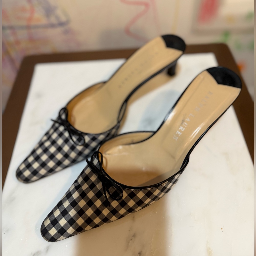 Ralph Lauren Black & White Gingham Satin Open Back Kitten Heels